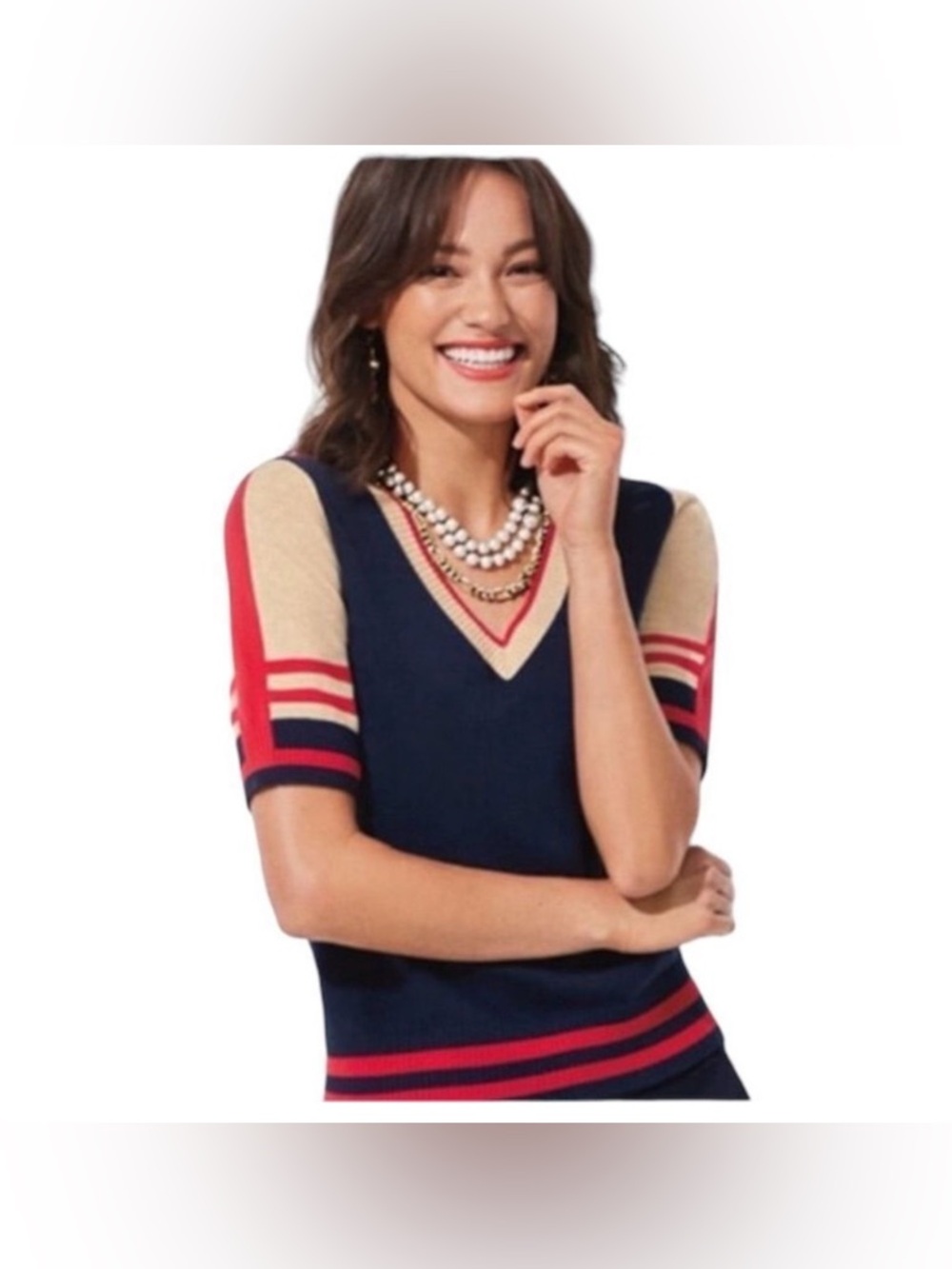Cabi Varsity Sweater Style 6171 Colorblock Knit Top Navy Red Medium